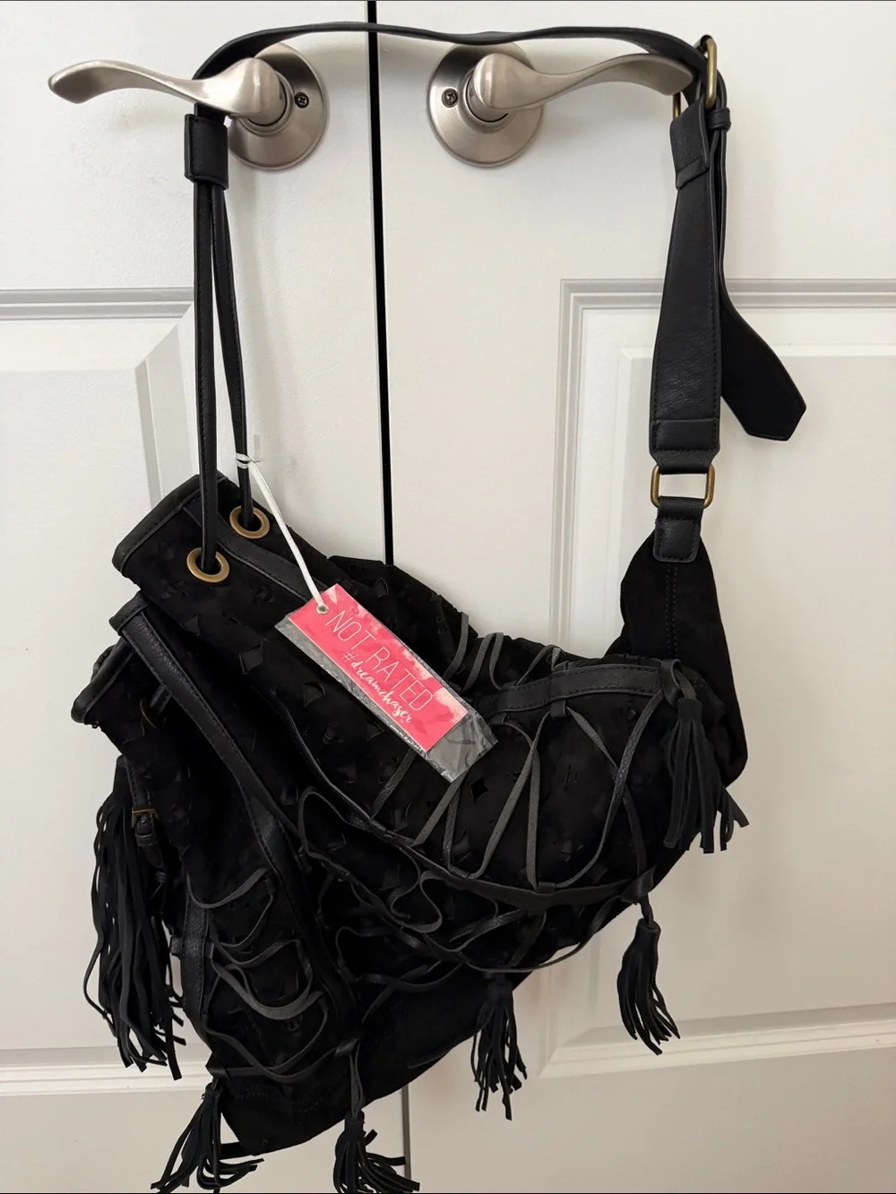 Not Rated Blaire Black Faux Suede Bucket Bag with Lace-Up Detail